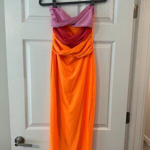 Micas Colorblock Draped Maxi Dress – Size M – Orange / Red / Lilac